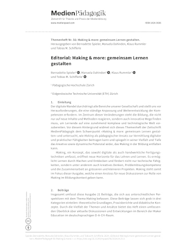Cover:: Bernadette Spieler, Manuela Dahinden, Klaus Rummler, Tobias M. Schifferle: Editorial: Making & more: gemeinsam Lernen gestalten