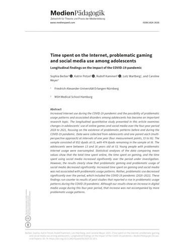 Cover:: Sophia Berber, Katrin Potzel, Rudolf Kammerl, Lutz Wartberg, Caroline Meyer: Internetnutzungszeiten, problematisches Online-Gaming und problematische Nutzung sozialer Medien durch Jugendliche: Längsschnittliche Ergebnisse vor und während der COVID-19-Pandemie