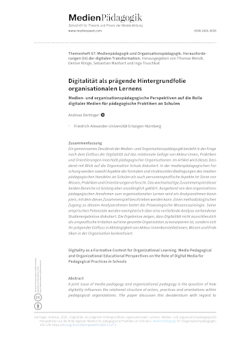 Cover:: Andreas Dertinger: Digitality as a Formative Context for Organizational Learning: Media Pedagogical and Organizational Educational Perspectives on the Role of Digital Media for Pedagogical Practices in Schools
