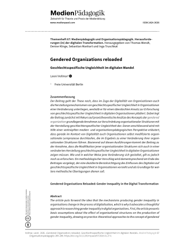 Cover:: Leoni Vollmar: Gendered Organisations Reloaded: Gender Inequality in the Digital Transformation
