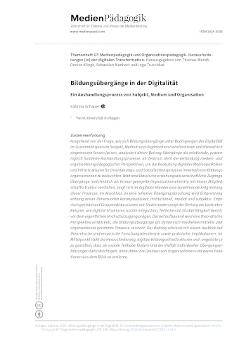 Cover:: Sabrina Schaper: Transitions in Education in the Digital Age: An Interplay Between Subject, Medium, and Organization