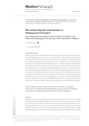 Cover:: Jan-Martin Geiger: How Do Digital Innovations Impact Educational Institutions? A Synergetic Perspective on the Relationship Between Media Education and the Pedagogy of Organizations Using the Example of Generative Artificial Intelligence