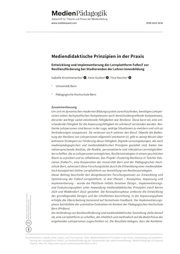 Cover:: Isabelle Krummenacher, Irene Guidon, Tina Hascher: Mediendidaktische Prinzipien in der Praxis: Entwicklung und Implementierung der Lernplattform FoResT zur Resilienzförderung bei Studierenden der Lehrer:innenbildung