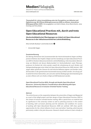 Cover:: Alina Schulte-Buskase, Annika Gruhn: Open Educational Practices mit, durch und trotz Open Educational Resources: (Hochschuldidaktische) Überlegungen zur Arbeit mit Open Educational Resources in der inklusionsorientierten Lehrkräftebildung