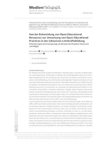 Cover:: Petra Büker, Anna-Maria Kamin, Katrin Glawe, Jana Herding, Franziska Schaper: Von der Entwicklung von Open Educational Resources zur Umsetzung von Open Educational Practices in der inklusiven Lehrkräftebildung: Anforderungen und Lösungswege am Beispiel der Projekte inklud.nrw und InDigO