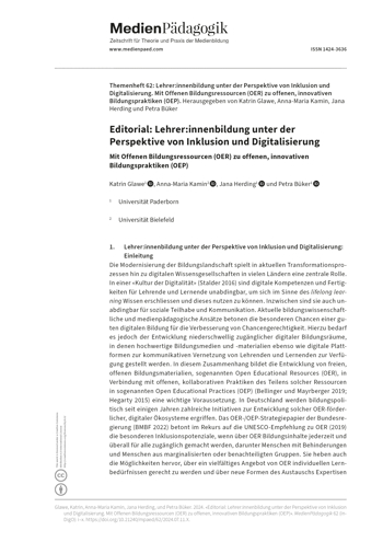 Cover:: Katrin Glawe, Anna-Maria Kamin, Jana Herding, Petra Büker: Editorial: Lehrer:innenbildung unter der Perspektive von Inklusion und Digitalisierung: Mit Offenen Bildungsressourcen (OER) zu offenen, innovativen Bildungspraktiken (OEP)