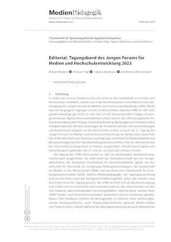 Cover:: Miriam Mulders, Kristian Träg, Tatjana Steinhaus, Anne-Cathrin Vonarx: Editorial: Tagungsband des Jungen Forums für Medien und Hochschulentwicklung 2023