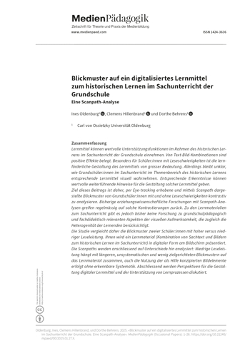 Cover:: Ines Oldenburg, Clemens Hillenbrand, Dorthe Behrens: Blickmuster auf ein digitalisiertes Lernmittel zum historischen Lernen im Sachunterricht der Grundschule: Eine Scanpath-Analyse