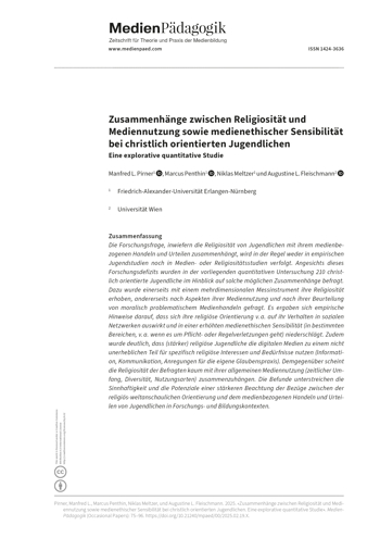 Cover:: Manfred L. Pirner, Marcus Penthin, Niklas Meltzer, Augustine L. Fleischmann: Zusammenhänge zwischen Religiosität und Mediennutzung sowie medienethischer Sensibilität bei christlich orientierten Jugendlichen: Eine explorative quantitative Studie