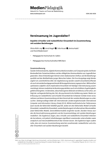 Cover:: Olivia Rütti-Joy, Arvid Nagel, Felix Kruse, Amina Kadic, Horst Biedermann: Vereinsamung im Jugendalter? Aspekte virtueller und realweltlicher Einsamkeit im Zusammenhang  mit sozialen Beziehungen