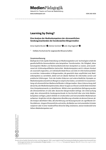 Cover:: Anna-Sophie Brucks, Denise Sommer, Jörg Hagenah: Learning by Doing? Eine Analyse der Medienkompetenz der ehrenamtlichen Sendungsmachenden der bundesweiten Bürgermedien