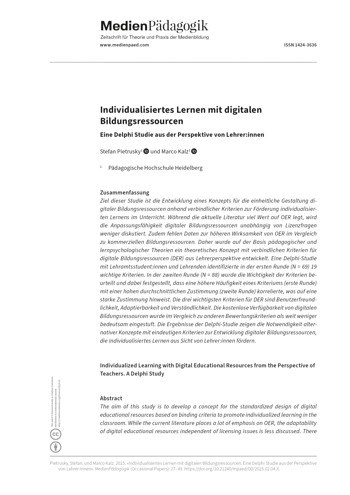 Cover:: Stefan Pietrusky, Marco Kalz: Individualisiertes Lernen mit digitalen Bildungsressourcen: Eine Delphi Studie aus der Perspektive von Lehrer:innen