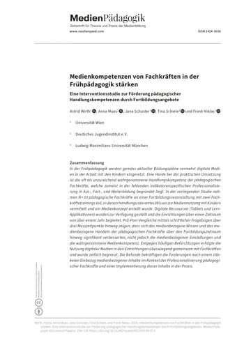 Cover:: Astrid Wirth, Anna Mues, Jana Schuster, Tina Schiele, Frank Niklas: Medienkompetenzen von Fachkräften in der Frühpädagogik stärken: Eine Interventionsstudie zur Förderung pädagogischer Handlungskompetenzen durch Fortbildungsangebote