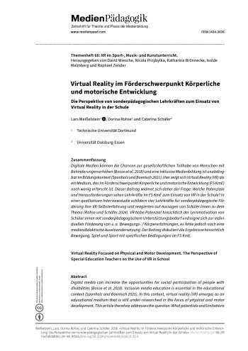 Cover:: Lars Weißelstein, Dorina Rohse, Caterina Schäfer: Virtual Reality im Förderschwerpunkt Körperliche und motorische Entwicklung: und motorische Entwicklung Die Perspektive von sonderpädagogischen Lehrkräften zum Einsatz von Virtual Reality in der Schule