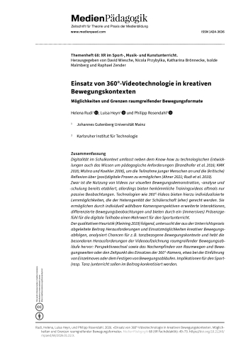 Cover:: Helena Rudi, Luisa Heyn, Philipp Rosendahl: Einsatz von 360°-Videotechnologie in kreativen Bewegungskontexten: Möglichkeiten und Grenzen raumgreifender Bewegungsformate