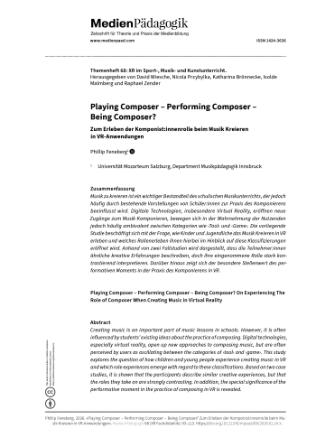 Cover:: Phillip Feneberg: Playing Composer – Performing Composer –  Being Composer? Zum Erleben der Komponist:innenrolle beim Musik Kreieren  in VR-Anwendungen