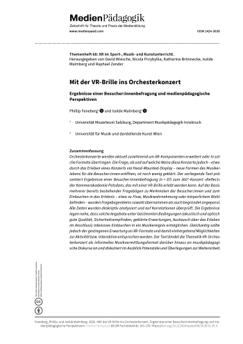 Cover:: Phillip Feneberg, Isolde Malmberg: Mit der VR-Brille ins Orchesterkonzert: Ergebnisse einer Besucher:innenbefragung und medienpädagogische Perspektiven