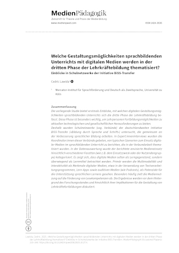 Cover:: Cedric Lawida: Welche Gestaltungsmöglichkeiten sprachbildenden Unterrichts mit digitalen Medien werden in der dritten Phase der Lehrkräftebildung thematisiert? Einblicke in Schulnetzwerke der Initiative BiSS-Transfer