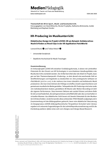 Cover:: Leonard Bruns, Tobias Rotsch: XR-Producing im Musikunterricht: Didaktisches Design im Projekt LEVIKO-XR am Beispiel ‹Kollaboratives Musik Erfinden zu Mood Clips in der XR-Applikation PatchWorld›