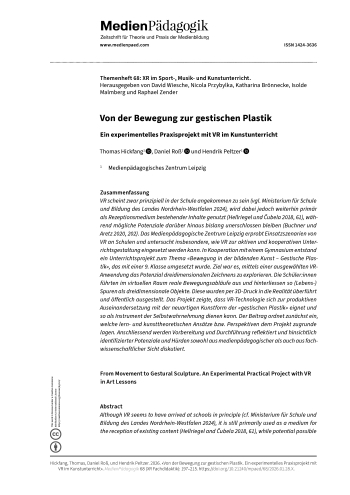 Cover:: Thomas Hickfang, Daniel Roß, Hendrik Peltzer: Von der Bewegung zur gestischen Plastik: Ein experimentelles Praxisprojekt mit VR im Kunstunterricht