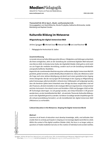 Cover:: Jerome Zgraggen, Michael Duss, Manuel Garzi, Josef Buchner: Kulturelle Bildung im Metaverse: Mitgestaltung der digital-immersiven Welt