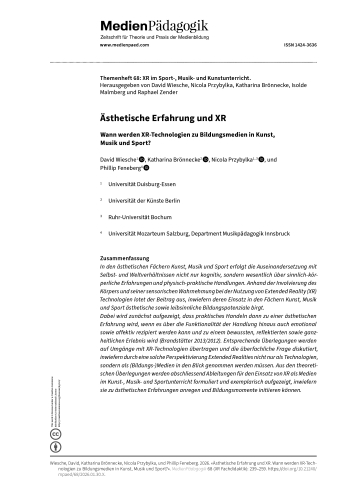 Cover:: David Wiesche, Katharina Brönnecke, Nicola Przybylka, Phillip Feneberg: Ästhetische Erfahrung und XR: Wann werden XR-Technologien zu Bildungsmedien in Kunst, Musik und Sport?
