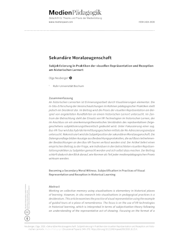 Cover:: Olga Neuberger: Sekundäre Moralzeugenschaft: Subjektivierung in Praktiken der visuellen Repräsentation und Rezeption am historischen Lernort