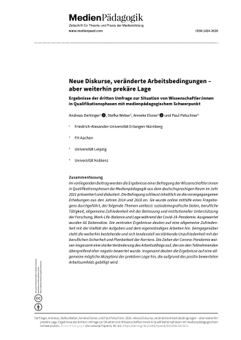 Cover:: Andreas Dertinger, Stefka Weber, Anneke Elsner, Paul Petschner: Neue Diskurse, veränderte Arbeitsbedingungen – aber weiterhin prekäre Lage: Ergebnisse der dritten Umfrage zur Situation von Wissenschaftler:innen in Qualifikationsphasen mit medienpädagogischem Schwerpunkt