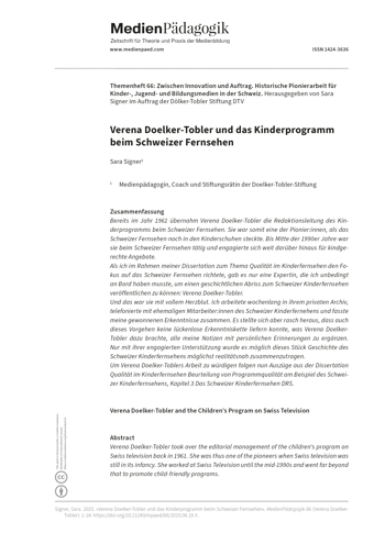 Cover:: Sara Signer: Verena Doelker-Tobler und das Kinderprogramm beim Schweizer Fernsehen