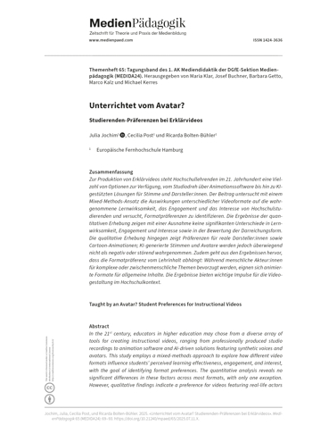 Cover:: Julia Jochim, Cecilia Post, Ricarda Bolten-Bühler: Unterrichtet vom Avatar? Studierenden-Präferenzen bei Erklärvideos