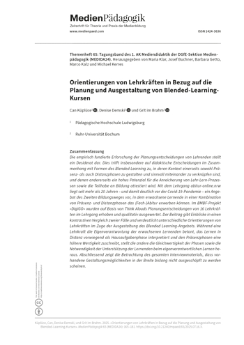 Cover:: Can Küplüce, Denise Demski, Grit im Brahm: Orientierungen von Lehrkräften in Bezug auf die Planung und Ausgestaltung von Blended-Learning-Kursen