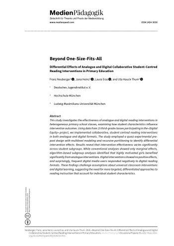 Cover:: Franz Neuberger, Jana Heinz, Laura Eras, Uta Hauck-Thum: Jenseits von Standardansätzen: Differenzielle Wirkungen kollaborativer, schülerzentrierter Leseinterventionen in analogen und digitalen Lehr- und Lernsettings in der Grundschule