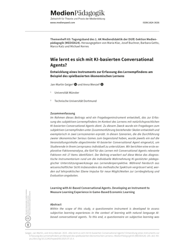Cover:: Jan-Martin Geiger, Anna Wenzel: Wie lernt es sich mit KI-basierten Conversational Agents? Entwicklung eines Instruments zur Erfassung des Lernempfindens am Beispiel des spielbasierten ökonomischen Lernens