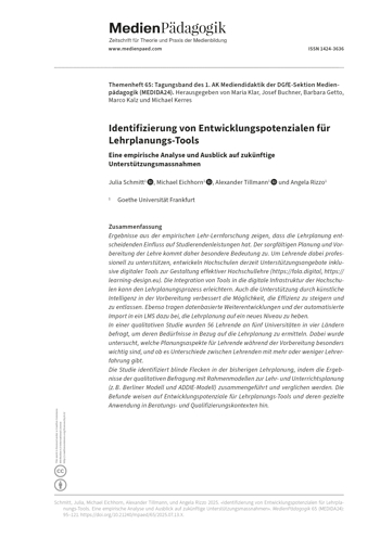 Cover:: Julia Schmitt, Michael Eichhorn, Alexander Tillmann, Angela Rizzo: Identifizierung von Entwicklungspotenzialen für Lehrplanungs-Tools: Eine empirische Analyse und Ausblick auf zukünftige Unterstützungsmassnahmen