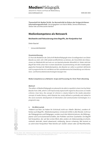 Cover:: Dieter Baacke: Medienkompetenz als Netzwerk: Reichweite und Fokussierung eines Begriffs, der Konjunktur hat