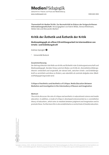 Cover:: Andreas Spengler: Kritik der Ästhetik und Ästhetik der Kritik: Medienpädagogik als offene V/Ermittlungsarbeit im Intermediären von Urteils- und Einbildungskraft