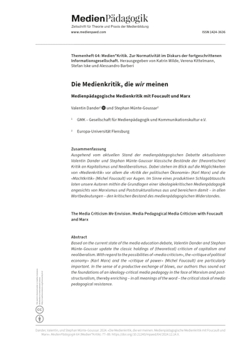 Cover:: Valentin Dander, Stephan Münte-Goussar: Die Medienkritik, die wir meinen: Medienpädagogische Medienkritik mit Foucault und Marx