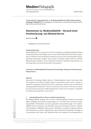 Cover:: Barbara Getto: Kommentar zu ‹Mediendidaktik – Versuch einer Positionierung› von Michael Kerres