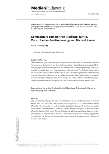 Cover:: Stefan Aufenanger: Kommentare zum Beitrag ‹Mediendidaktik. Versuch einer Positionierung› von Michael Kerres