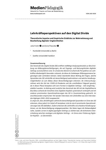 Cover:: Julia Frohn, Anne  Piezunka: Lehrkräfteperspektiven auf den Digital Divide: Theoretische Impulse und Empirische Einblicke zur Wahrnehmung und Bearbeitung digitaler Ungleichheiten