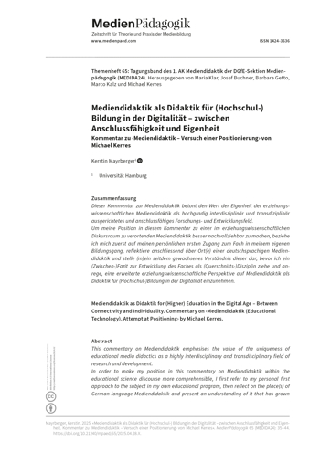 Cover:: Kerstin Mayrberger: Mediendidaktik als Didaktik für (Hochschul-) Bildung in der Digitalität – zwischen Anschlussfähigkeit und Eigenheit: Kommentar zu ‹Mediendidaktik – Versuch einer Positionierung› von Michael Kerres