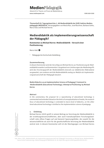Cover:: Marco Kalz: Mediendidaktik als Implementierungswissenschaft der Pädagogik? Kommentar zu Michael Kerres ‹Mediendidaktik – Versuch einer Positionierung›