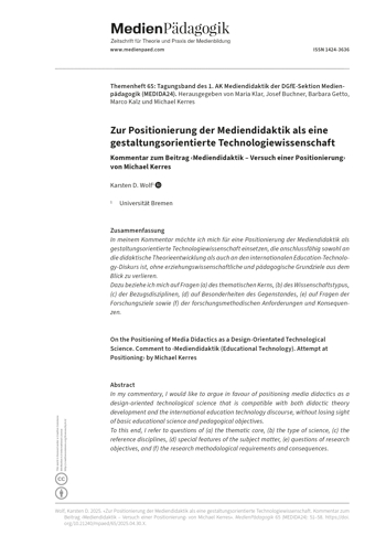 Cover:: Karsten D. Wolf: Zur Positionierung der Mediendidaktik als eine gestaltungsorientierte Technologiewissenschaft: Kommentar zum Beitrag ‹Mediendidaktik – Versuch einer Positionierung› von Michael Kerres