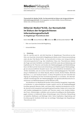 Cover:: Katrin Wilde, Verena Kittelmann, Stefan Iske, Alessandro Barberi: Editorial: Medien*Kritik. Zur Normativität im Diskurs der fortgeschrittenen Informationsgesellschaft: 14. Magdeburger Theorieforum 2023