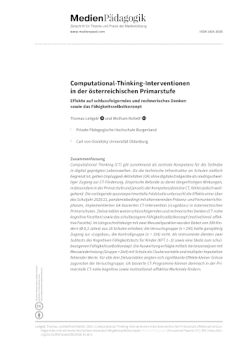 Cover:: Thomas Leitgeb, Wolfram Rollett: Computational-Thinking-Interventionen in der österreichischen Primarstufe: Effekte auf schlussfolgerndes und rechnerisches Denken sowie das Fähigkeitsselbstkonzept