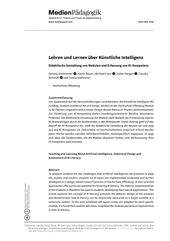 Cover:: Daniela Schlemmer, Katrin Bauer, Michael Canz, Volker Sänger, Claudia Schmidt, Teresa Sedlmeier: Lehren und Lernen über Künstliche Intelligenz: Didaktische Gestaltung von Modulen und Erfassung von KI-Kompetenz