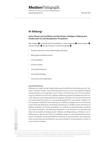 Cover:: Marc Berges, Annika Eickhoff-Schachtebeck, Dieter Engbring, Harald Gapski, Carsten Schulte, Kerstin Strecker, Dan Verständig: KI-Bildung! Sechs Thesen zum Verhältnis von Künstlicher Intelligenz, Bildung und Gesellschaft aus interdisziplinärer Perspektive