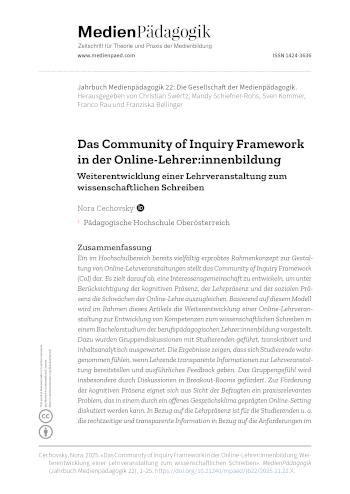Cover:: Nora Cechovsky: Das Community of Inquiry Framework in der Online-Lehrer:innenbildung: Weiterentwicklung einer Lehrveranstaltung zum wissenschaftlichen Schreiben