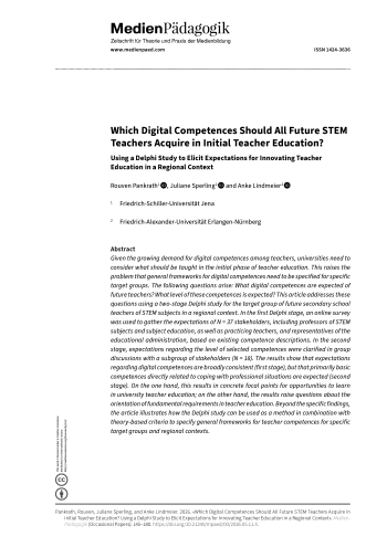 Cover:: Rouven Pankrath, Juliane Sperling, Anke Lindmeier: Welche digitalen Kompetenzen sollten alle zukünftigen MINT-Lehrkräfte in der ersten Phase der Lehrkräftebildung erwerben? Durchführung einer Delphi-Studie zur Ermittlung der Erwartungen an die Lehrkräfteausbildung in einem regionalen Kontext