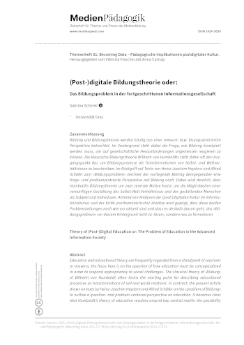 Cover:: Sabrina Schenk: (Post-)digitale Bildungstheorie oder:: Das Bildungsproblem in der fortgeschrittenen Informationsgesellschaft
